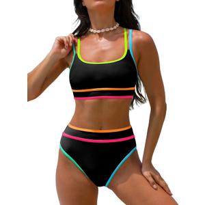 popvil Women's High Waisted Bikini Sets Neon Two Piece 2026 Swimsuit Sporty Adjustable Straps Bathing Suit (Black, S)