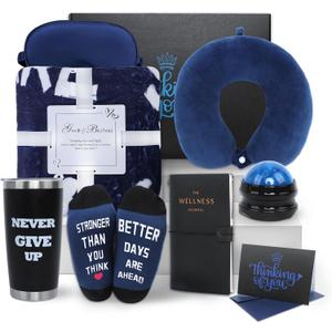 Get Well Soon Basket - Care Package for Men/Blanket, Pillow, Tumbler, Eye Mask, Socks, Journal, Massage Roller, Greeting Card, Gift Box