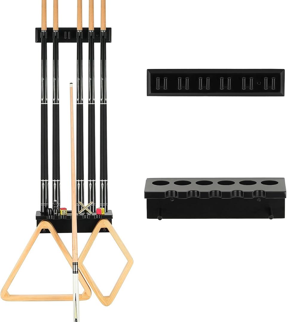 Pool Cue Rack Stick Holder - Wall Mount Billiards Pool Cue Rack Oak Solid Hardwood Pool Cue Set Holder for 6 Cues Sticks Storage Pool Table Accessories Equipment Organizer (Black)