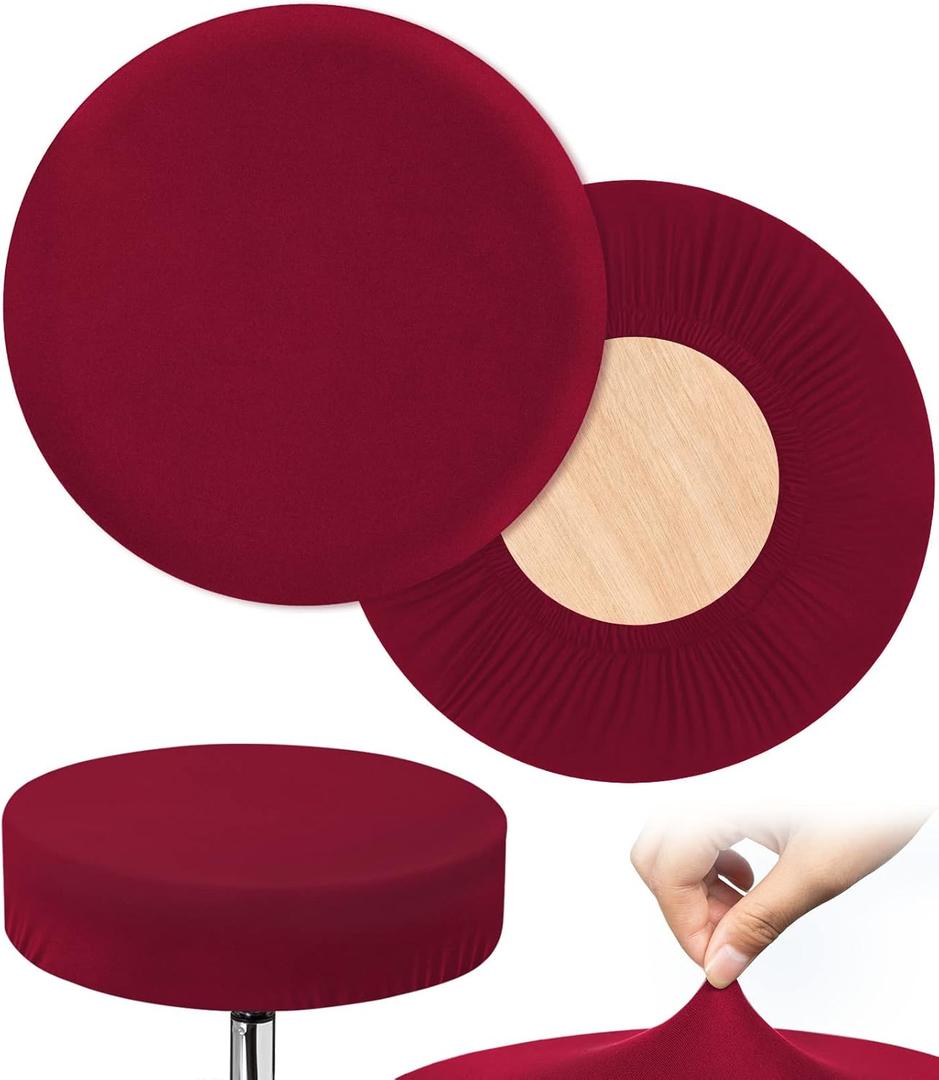 HFATMOS 2 Pcs Bar Stool Covers Round Stool Slipcovers High Elastic Circle Chair Covers Soft Chair Seat Cushion Slipcover for Stool of Dia 14-17 Inch, Wine Red
