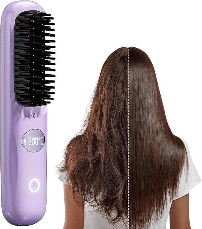 Upoetry 2025 New Go Brush Pro, Portable Straightener Brushs for Travel, with LCD Temperature Display, Fast Heating Cordless Mini Hair Brushs (Purple)