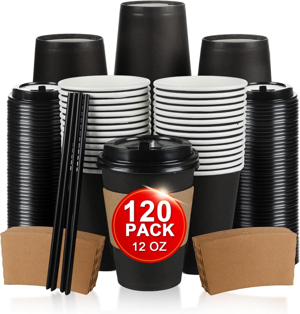 RAZCC 120 Pack 12 oz Paper Coffee Cups Set, Disposable Black Coffee Cups with Lids, Sleeves and Stirring Sticks, Fit For Cold and Hot Drinks