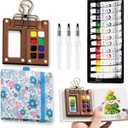 Mini Portable Watercolor Palette Set-Grid Paint Box with Binder Clips Include 12 Colors Paint - Brush*3 and Picture Album Art Materials Coloring Markers for Travel, Creative Drawing Kit for Beginners and Art Enthusiasts((Blue Wood-S)