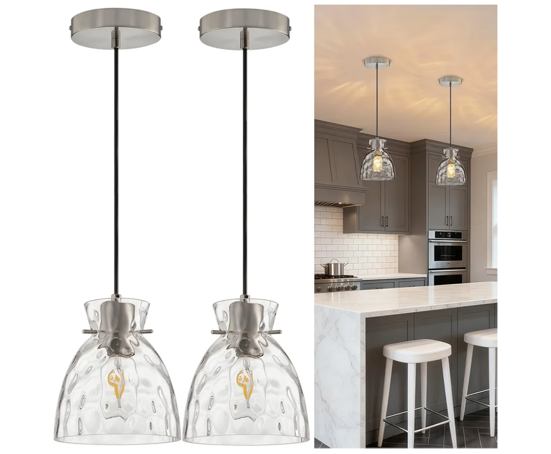 Brushed Nickel Pendant Lights Kitchen Island 2 Pack, 5.9“ Small Hammered Glass Pendant Light Fixtures, Adjustable Modern Hanging Lights Kitchen Pendant Lighting over Island Sink Bathroom Dining Room