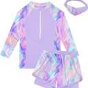 Idgreatim Girls Rash Guard Swimsuit Size 8 Purple Rashguard Set with Headband Cute Swimwear Summer Bathing Suits 7-8 Years
