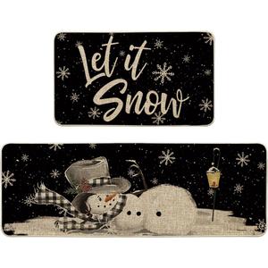 Artoid Mode Let It Snow Snowflake Snowman Light Christmas Decorative Kitchen Mats Set of 2, Home Party Low-Profile Kitchen Rugs - 17x29 and 17x47 Inch (Black)