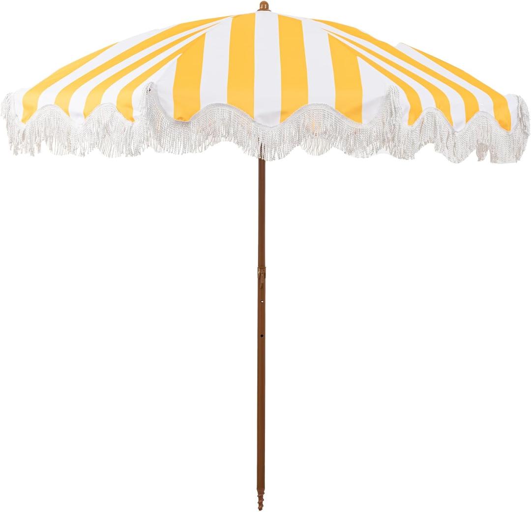 6.5FT Patio Umbrella with Fringe, Portable Boho Beach Umbrella, Tilt & Adjustable Height, 2-Piece Aluminum Pole for Pool, Garden, Deck & Beach-Yellow and White Stripe