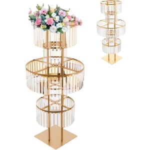 Crystal Vases for Centerpieces, Flower Stand with Hanging Crystals, 43.3" Gold Wedding Vase, 5 Tier Round Chandelier Pedestal Stand for Wedding Stage Flower Arrangement Decor (Gold, 1PC)