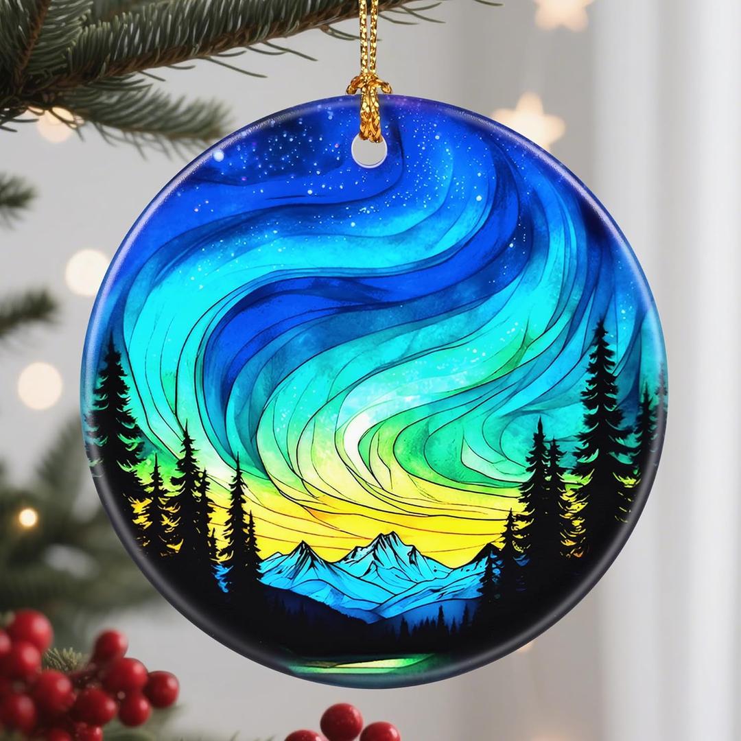 2 x Christmas Ornaments, 2.8 Inch Ceramic Hanging Ornament, Christmas Tree Ornaments, Xmas Decorations, Holiday Decorations, Holiday Party Gifts, and Xmas Gift Ideas - Northern Lights