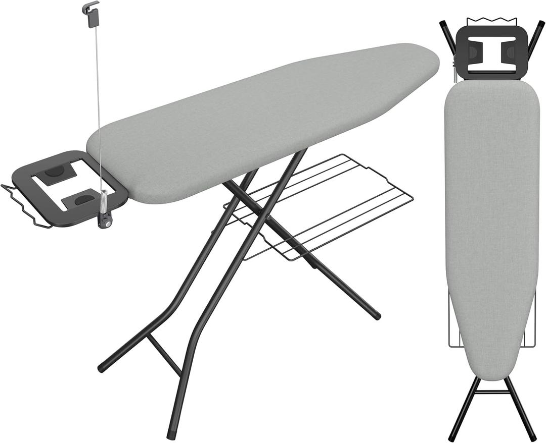 Ironing Board, Compact Iron Board Steam Iron Rest and Bottom Storage Tray, 9 Adjustable Heights & 3 Layer Cover, Folding Heavy Duty Ironing Board 44X12, Gray