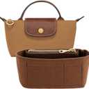 Mini Purse Organizer Insert for Longchamp Le Pliage Small Tote – Felt Inner Bag Liner with Zipper Pocket, Lightweight Storage for Mini Handbags, Brown