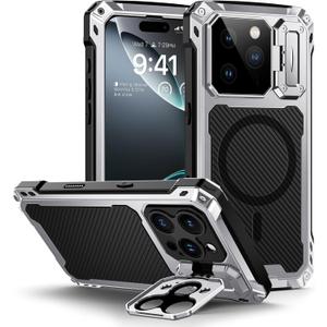 Lanhiem for iPhone 16 Pro Max Metal Case with Camera Cover & Stand [Compatible with MagSafe] [Built-in Kickstand] [Military-Grade Protection] Heavy Duty Rugged Magnetic Phone Case (Silver)