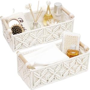HOSROOME Macrame Storage Basket Boho Decor Baskets for Organizing Woven Decorative for Countertop Toilet Paper Basket for Tank Top for Home Decor Bedroom Nursery Livingroom Entryway (Set of 2) (white)
