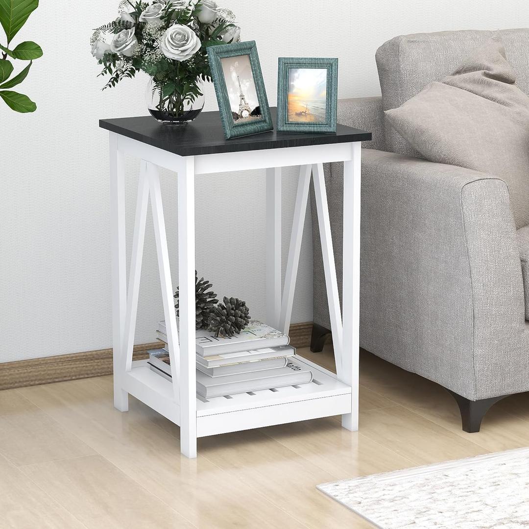 Farmhouse Square End Table, Accent Side Table with Slats Design, Sofa Side Table with Sturdy Frame for Living Room, Oak Black