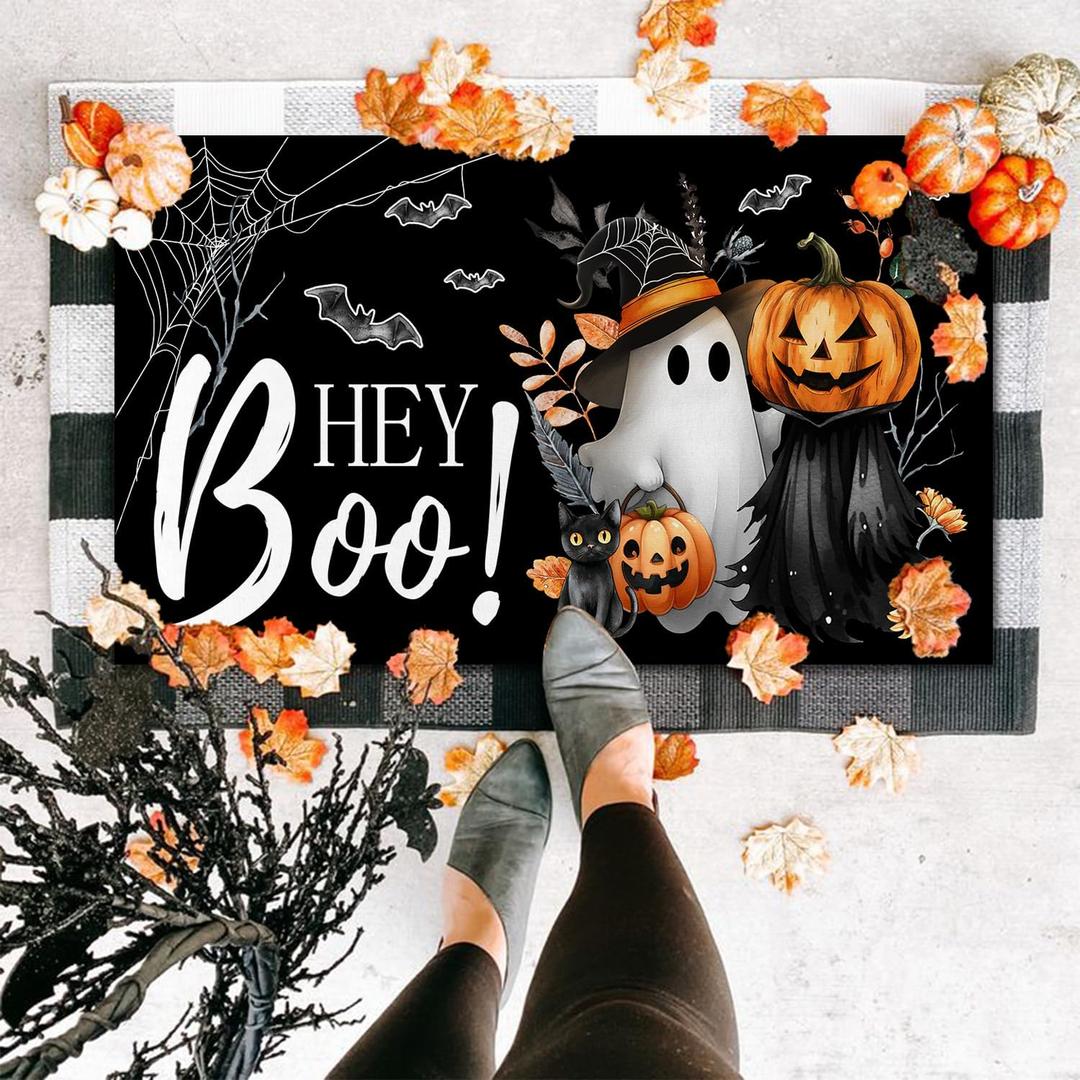 Halloween Door Mat Hey Boo Welcome Mat Scary Entry Rug Non-Slip Rubber Front Doormat Bathroom Home Decor Pumpkin Black Cat Kitchen Floor Mat, Low-Profile Switch Rug Indoor/Outdoor Decor 17x29 Inch