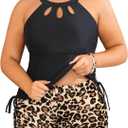 Aqua Eve Women Two Piece Plus Size Swimsuit High Neck Tankini Set Tummy Control Bathing Suit with Shorts (Black Leopard)