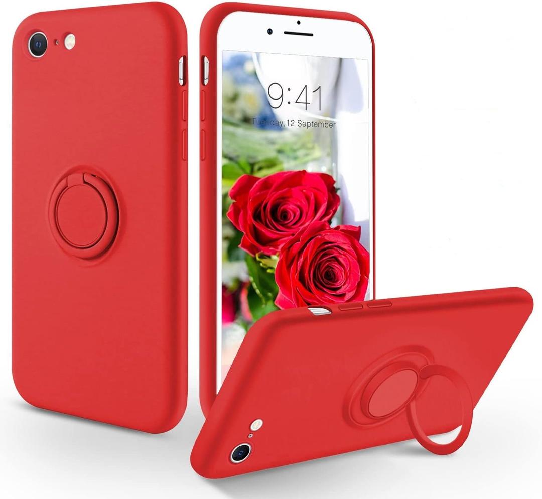 iPhone SE 2022 Case, iPhone SE 2020 Case, iPhone 8 Case, iPhone 7 Case, Slim Silicone Soft Rubber Shockproof Protective 360 Ring Kickstand Hybrid Hard Protection Girls Women Phone Cover, Red