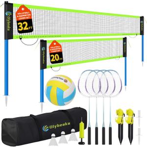 Outdoor Volleyball & Badminton Combo Net Set for Backyard, Beach with 2 Nets, Adjustable Poles, 4 Aluminum Rackets, PU Volleyball, Portable Carry Bag