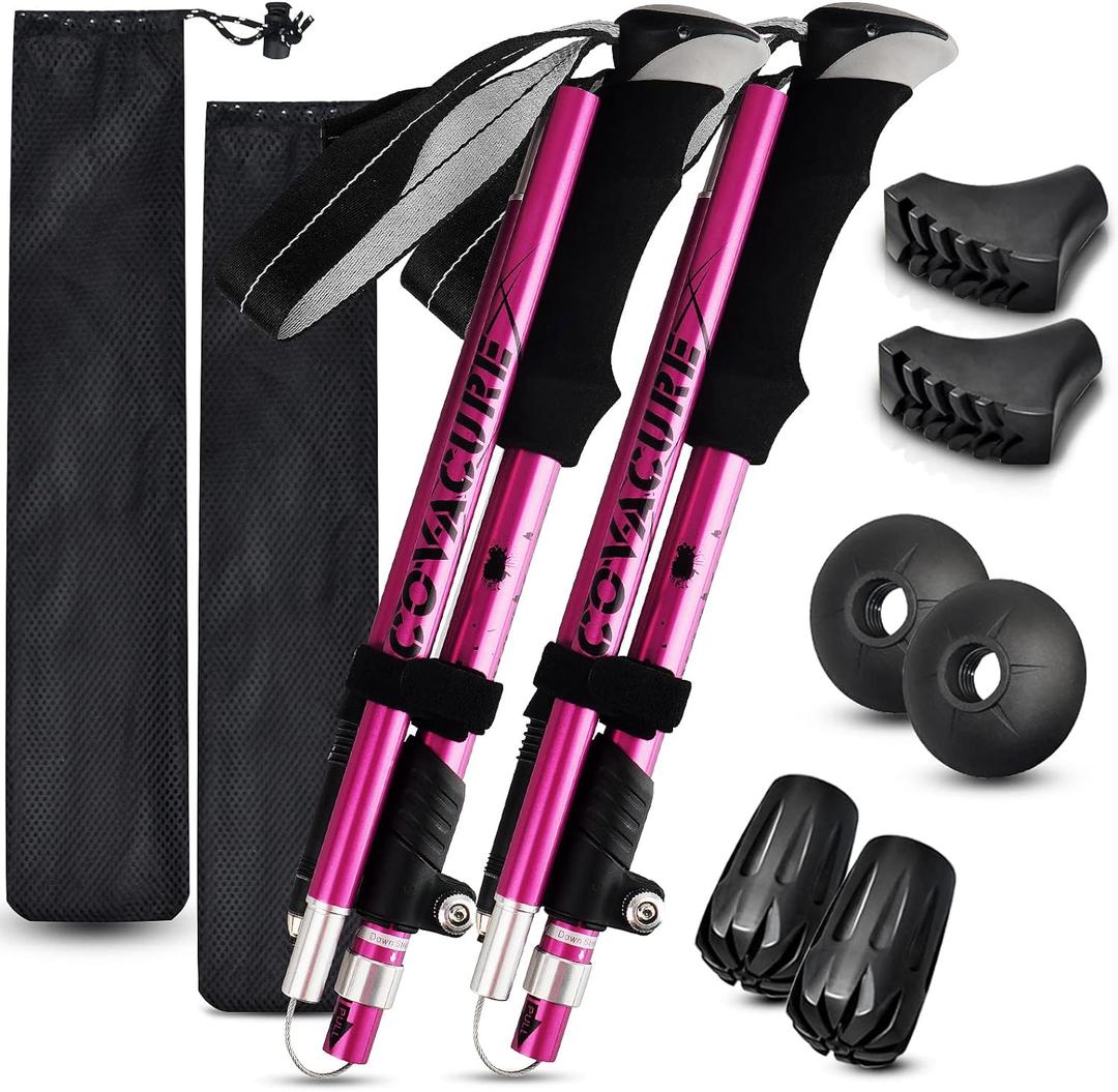 Covacure Hiking Poles Collapsible Trekking Poles - Aluminum Alloy 7075 Walking Sticks for Hiking with Telescopic & Foldable Tri-fold Design Hiking Gear for Women Men, Hiking, Camping, Climbing (Pink Short(100-120cm))