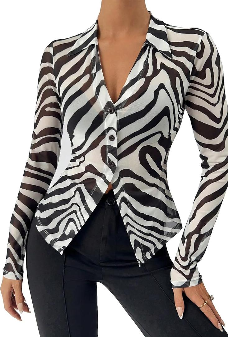 GORGLITTER Women's Sheer Mesh Zebra Shirt Top Long Sleeve V Neck Button Front See Through Blouses Black and White Medium