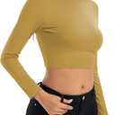 Womens Long Sleeve Crop Tops Lightweight Mock Neck Base Layer Shirts (Yellow, M)
