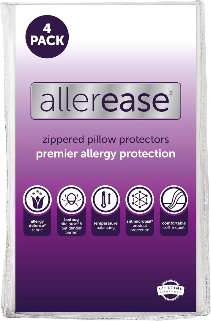 Set of 4 Standard/Queen AllerEase Pillow Protectors - Temperature Balancing, Allergist Recommended - Premium Breathable, Zippered Protectors (White)