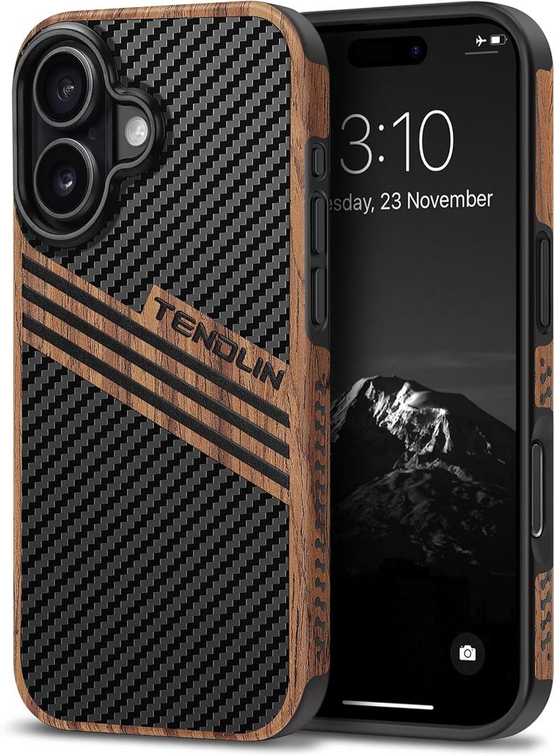 TENDLIN Compatible with iPhone 17 Case Wood Grain with Carbon Fiber Texture Design Leather Hybrid Slim Case (Three Stripe)