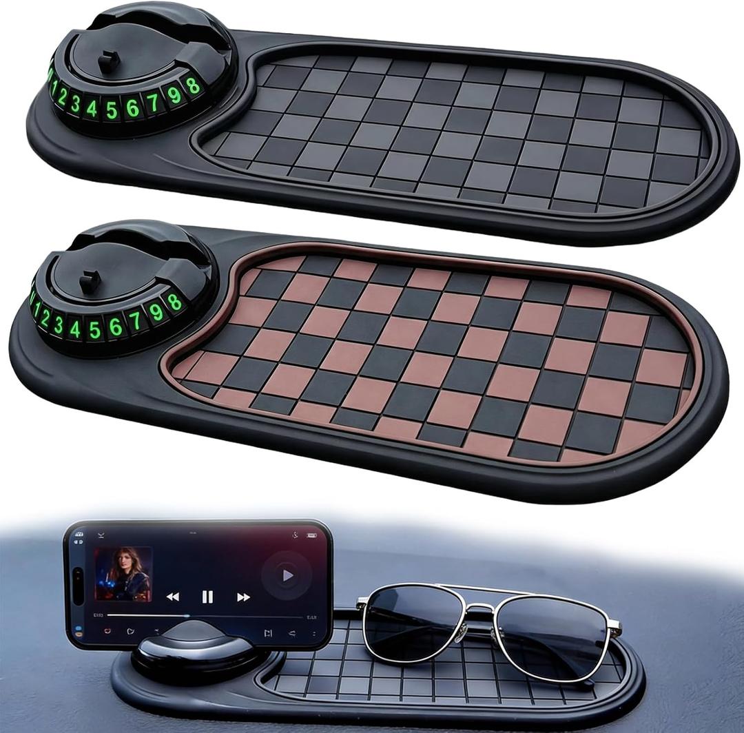 2 PCS Multifunction Car Anti-Slip Mat, All in One Car Organizer Pad,Universal Car Anti Slip Mat Phone Holder,Rotatable Vehicle Phone Holder with Temporary Parking Number,for Sunglasses,Keys,Gadgets