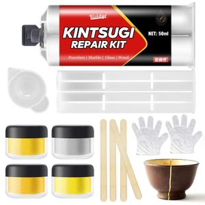Kintsugi Repair kit Gold & Silver, Food Safe Ceramic Glue for Repairing Bowls, Cups, Saucers, Vases, Pottery Repair Kit Perfect for Beginners Restoring Meaningful Gifts and Art Craft, 50ml