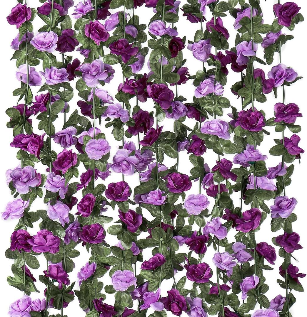 KHOYIME 9 Pack 72 FT Artificial Flower Garland, Fake Purple Roses Vines Silk Flowers Faux Plastic Outdoor Hanging Floral Ivy Garland Decoration for Wedding Arch Bedroom Home Wall Backdrop Room Decor, 9pcs