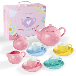 fanquare Porcelain Tea Set for Girls Adults,12 Pieces Coloful Tea Set with Gift Box for Home Tea Party Birthday (Multicolor)