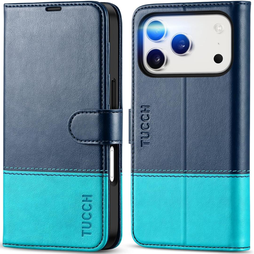 TUCCH Case Wallet for iPhone 17 Pro (6.3") 2025, Stand, RFID Blocking, 4 Card Holder, TPU Shockproof Inner Shell, PU Leather, Magnetic Closure Folio Protective Cover, Blue & Lake Blue