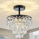 Mini Crystal Chandelier Modern Crysal Flush Mount Ceiling Light for Bedroom Closet Hallway with E26 Base Small Pendant Light (Black-Ceiling)
