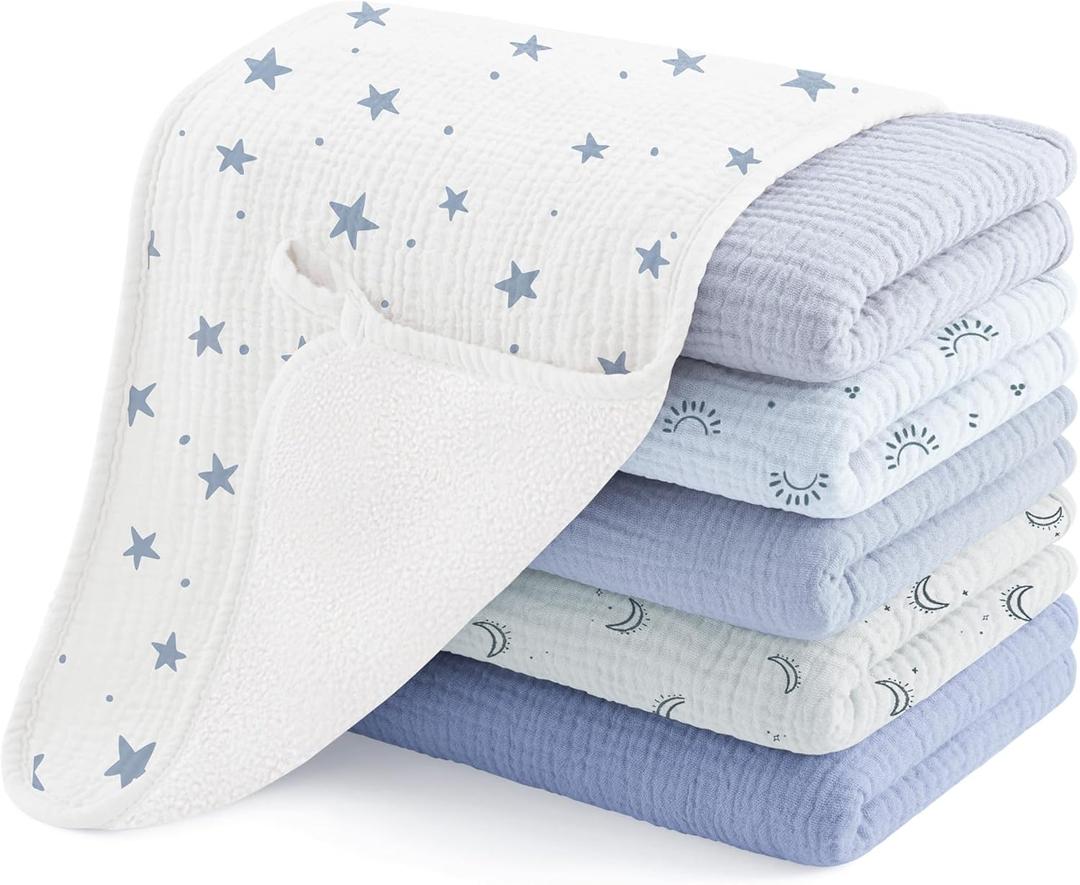 Susurration Muslin Burp Cloths, Soft Baby Burping Cloths for Unisex Boys and Girls, Newborn Essentials Large Extra Absorbent Washcloths, 20x10in, 6 Pack (Blue Print)