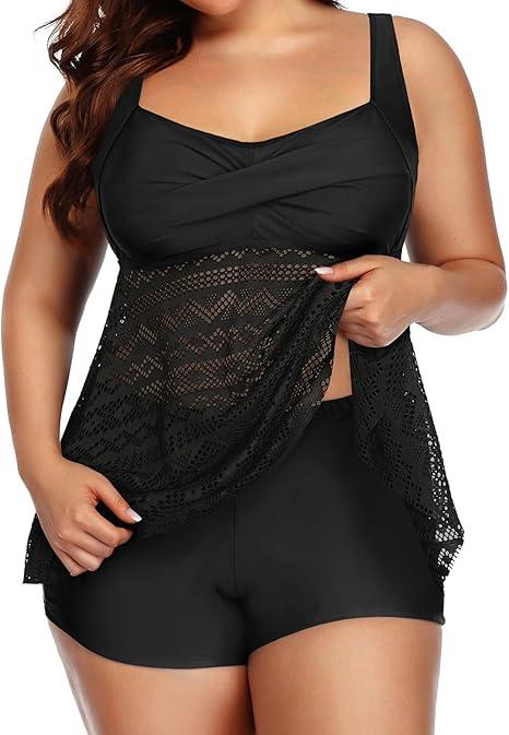 Aqua Eve Women Plus Size Tankini Swimsuit Two Piece Flowy Swimdress Bathing Suits with Shorts (Black, 18W/ 2XL)