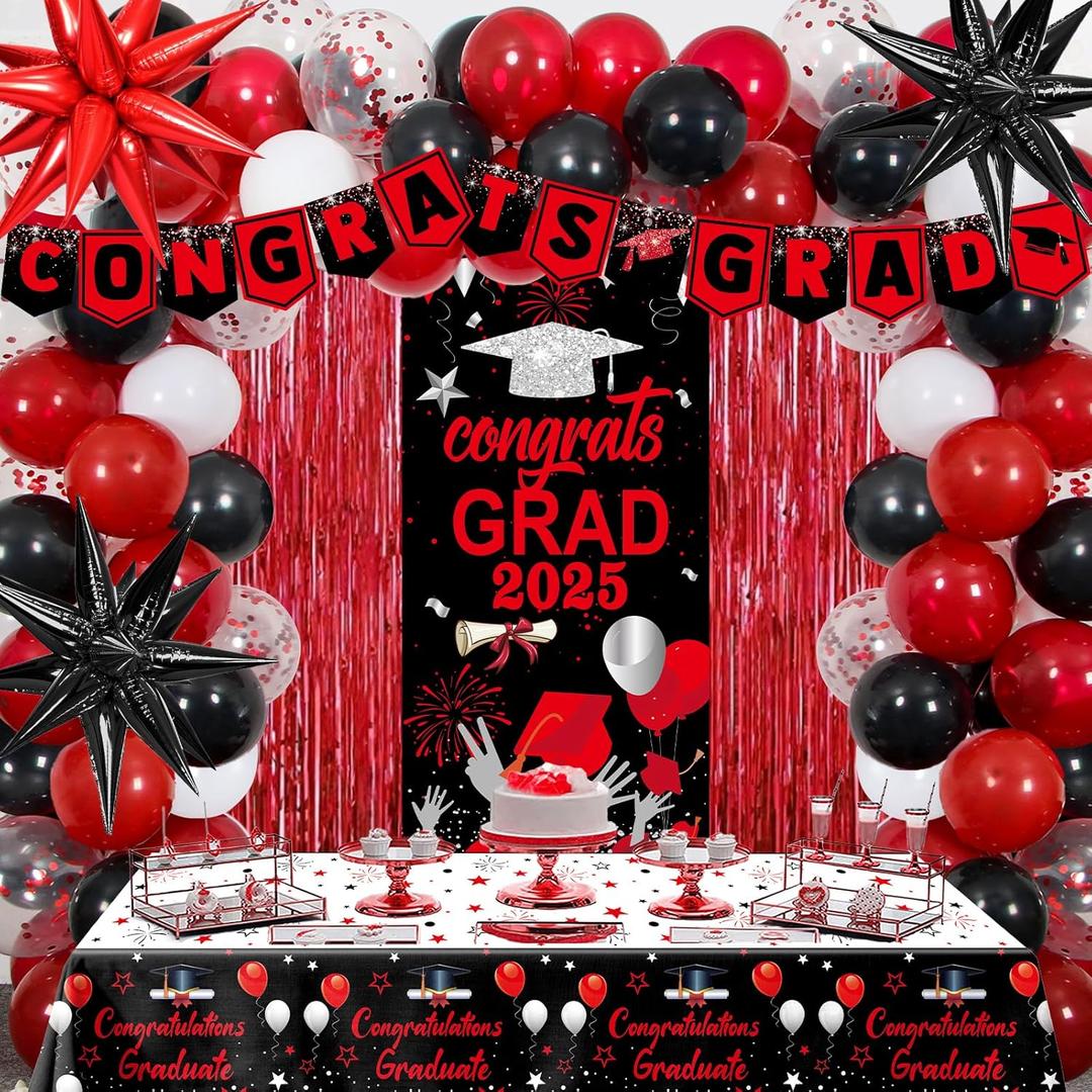 Red Graduation Party Decorations 2025, Red Black Graduation Decorations Class of 2025 Congrats Grad Door Banner, Tablecloth Star Balloons 2025 Grad Backdrop for High School College Grad Decor