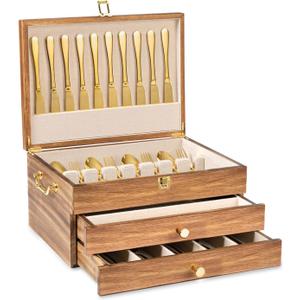 Silverware Storage Box, 3-Layer Flatware Storage Case with Drawer, Wooden Silverware Chest with Handle and Linen Liner, Rustic Silverware Case for Storing Fine Flatware and Utensils (Brown)