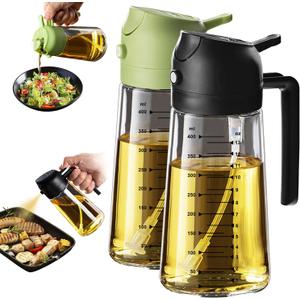 TrendPlain 16oz/470ml Glass Olive Oil Sprayer for Cooking  2 in 1 Olive Oil Dispenser Bottle for Kitchen Gadgets and Air Fryer Accessories, Salad, BBQ - Black & Green