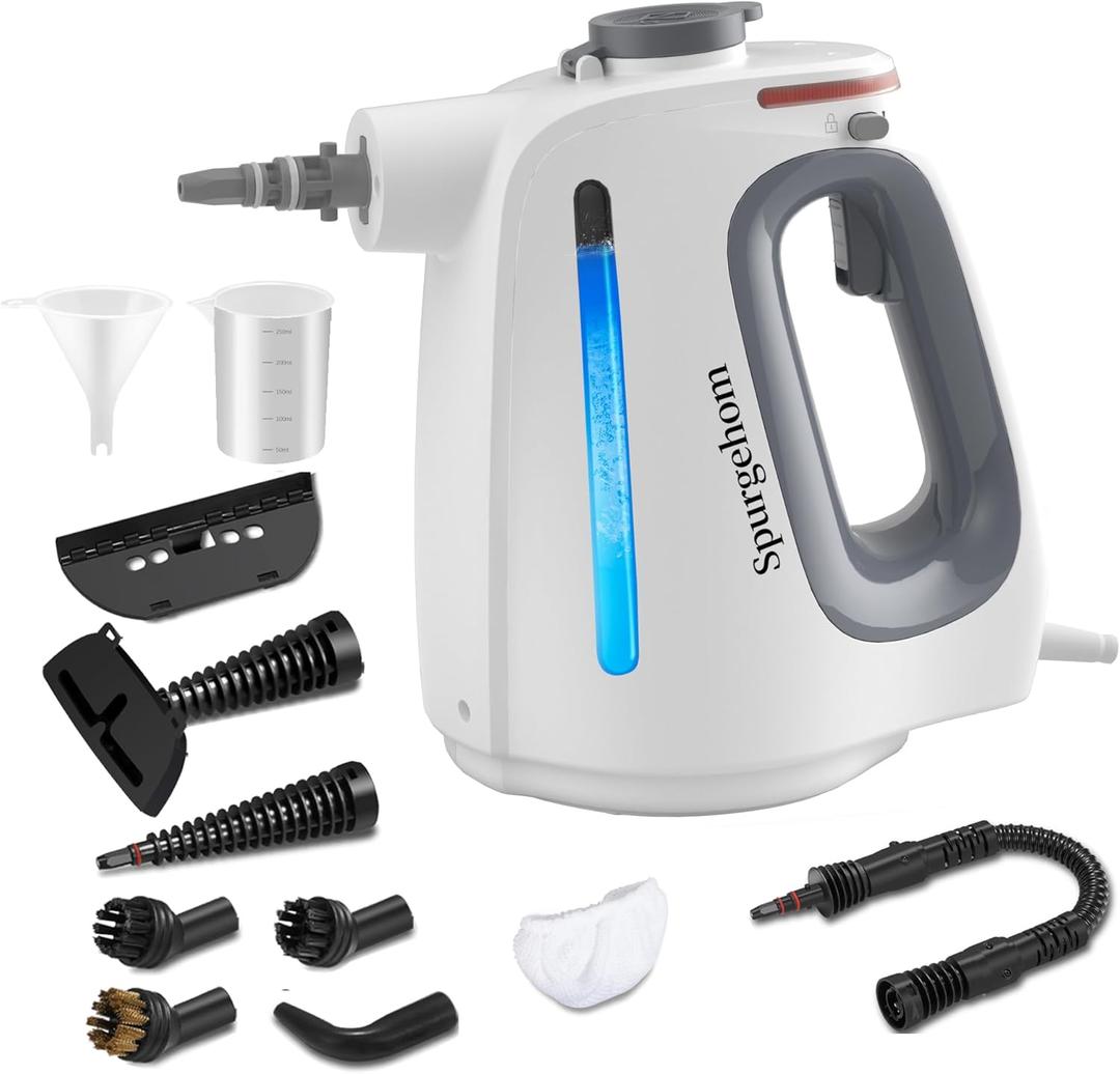 Spurgehom Handheld Multi-Surface Steam Cleaner with 11-Pc Accessories & Safety Lock  Dirty-Free, 550ML Large Capacity Steamer for Floors, Upholstery, Cars, and Home Use