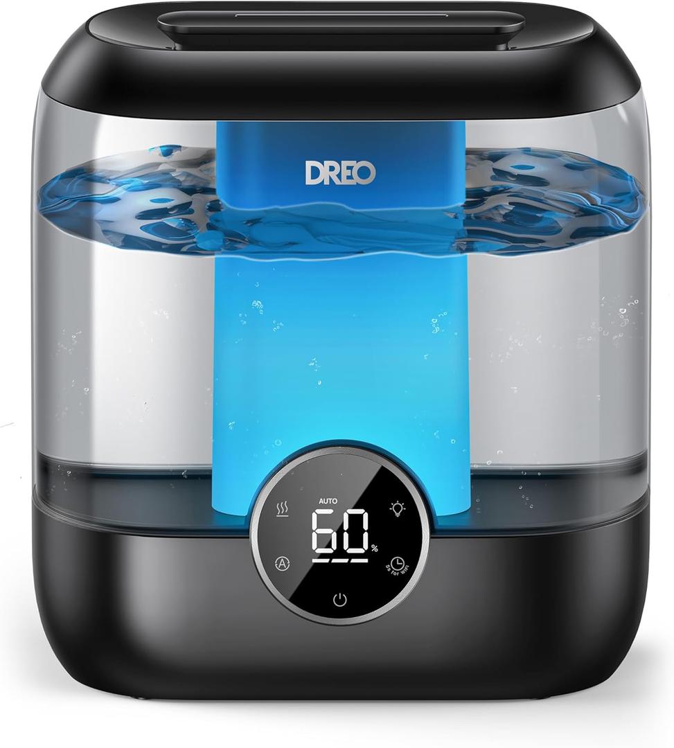 DREO 6L Top Fill Humidifiers for Bedroom, 60H Runtime 28 dB Quiet Supersized Cool Mist Air Humidifiers for Large Room, Baby Nursery, Plant, Indoor, Night Light, Easy to Clean, Precise Humidity Control (Black)