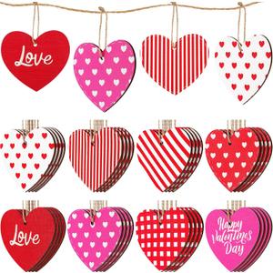 Jetec 40 Pieces Valentine's Day Tree Ornaments Pink Red White Wooden Heart Hanging Decoration Love Striped Plaid Heart Tags with String for Valentines Embellishments Craft Home Office Wall Decor