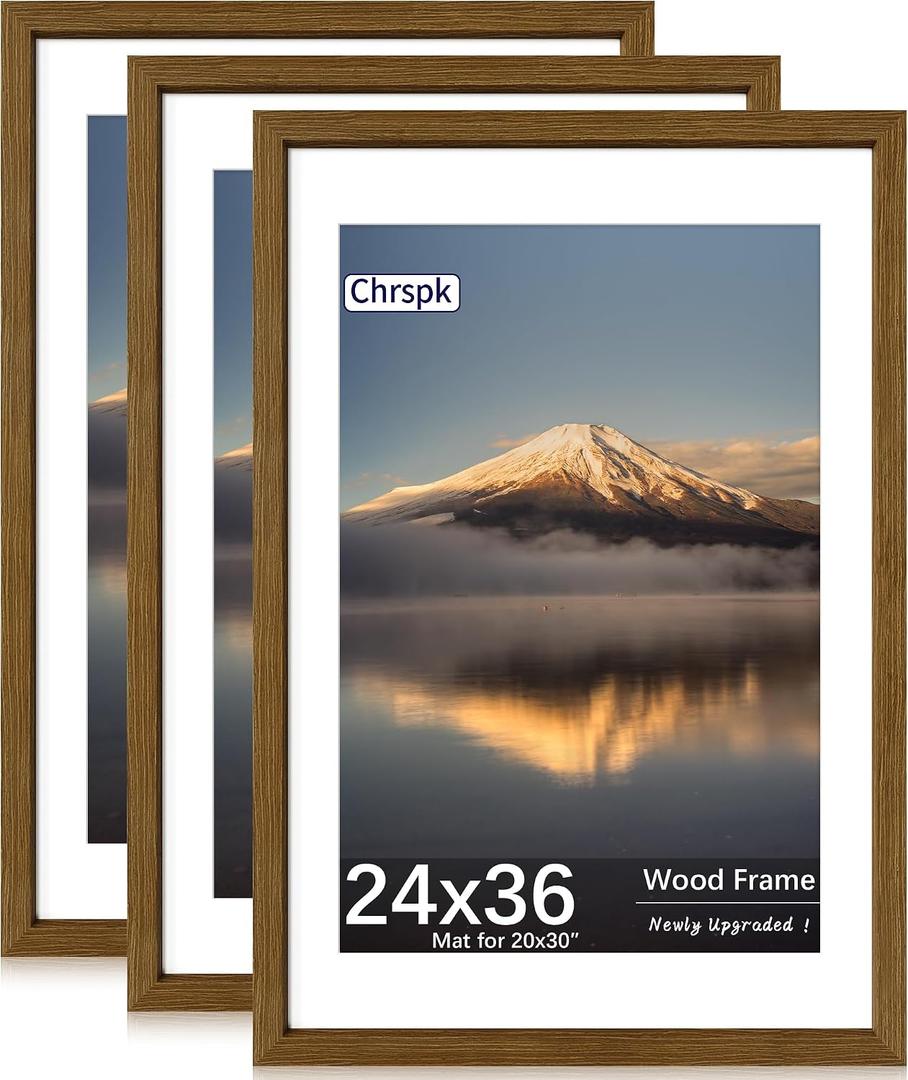 24X36 Poster Frame, Display Pictures 20X30 with Mat or 24X36 Without, Wall Hanging Frames, Rustic Brown, 3 Pack