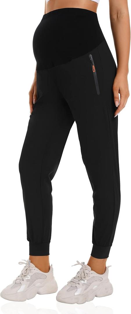 Foucome Women's Maternity Joggers Quick Dry Zipper Pockets Scrub Pants Pregnancy Sweatpants (Black, XXL)