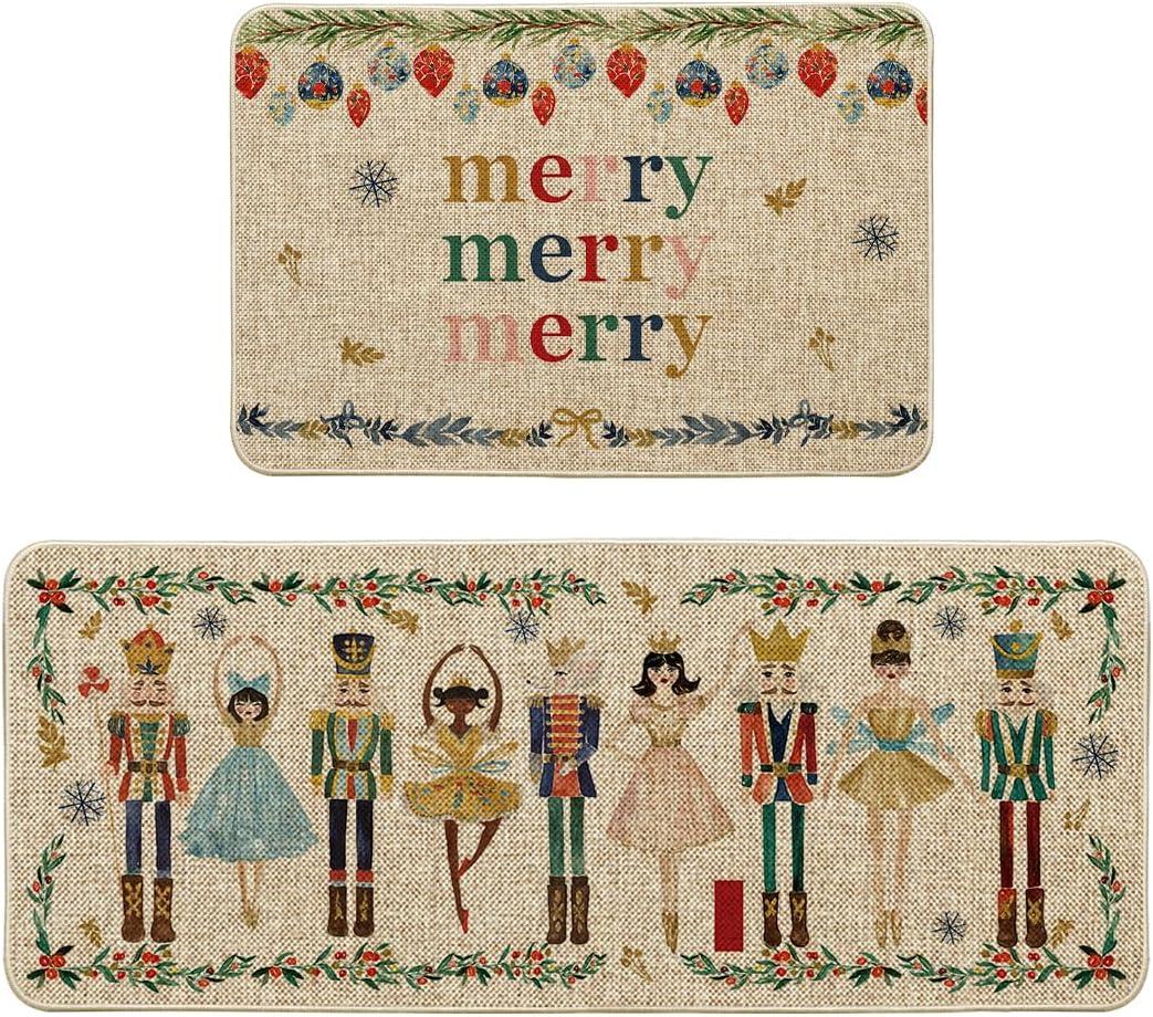 Artoid Mode Watercolor Nutcrackers Merry Christmas Decorative Kitchen Mats Set of 2, Home Party Low-Profile Kitchen Rugs - 24x35 and 24x59 Inch (Beige)