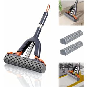 Portable Self-Squeeze Cleaning Mop,Lazy Tabletop Mop and Stainless Steel Handle Wet and Dry Use Cleaning System,Sponge Cotton Mops for Bathroom, Glass, Car (2 Cotton Heads + 1 Squeeze Handle)
