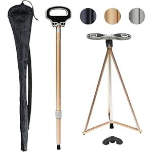 ALEVMOOM Walking Cane with Seat Folding Lightweight, 2-in-1 Cane Stool for Adults, Aluminum Walking Stick with Seat, Portable Stool for Senior, with Carry Bag (Adjustable Height-Black)