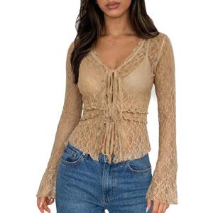 Clarisbelle Summer Women's Bell Sleeve Lace Mesh Sheer Sexy Y2k Shirt Ruffled Hem Tie Front V Neck Vintage Tops (Beige, M)