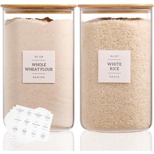 2 Pack large Square Glass Flour and Sugar Containers with 132 Kitchen Pantry Labels - Thicken 149 floz Glass Storage Jars with Airtight Bamboo Lid - Big Rice Canisters for Coffee, Pasta, Cereal