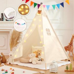 Teepee Tent for Kids Star Lights, Flags,53''x47''x55''Kids Play Tent,Children Play Tent Indoor Outdoor,Gifts Playhouse for Kids,Toddler Teepee Tent Beige Neutral Color (Beige-Mat Include)