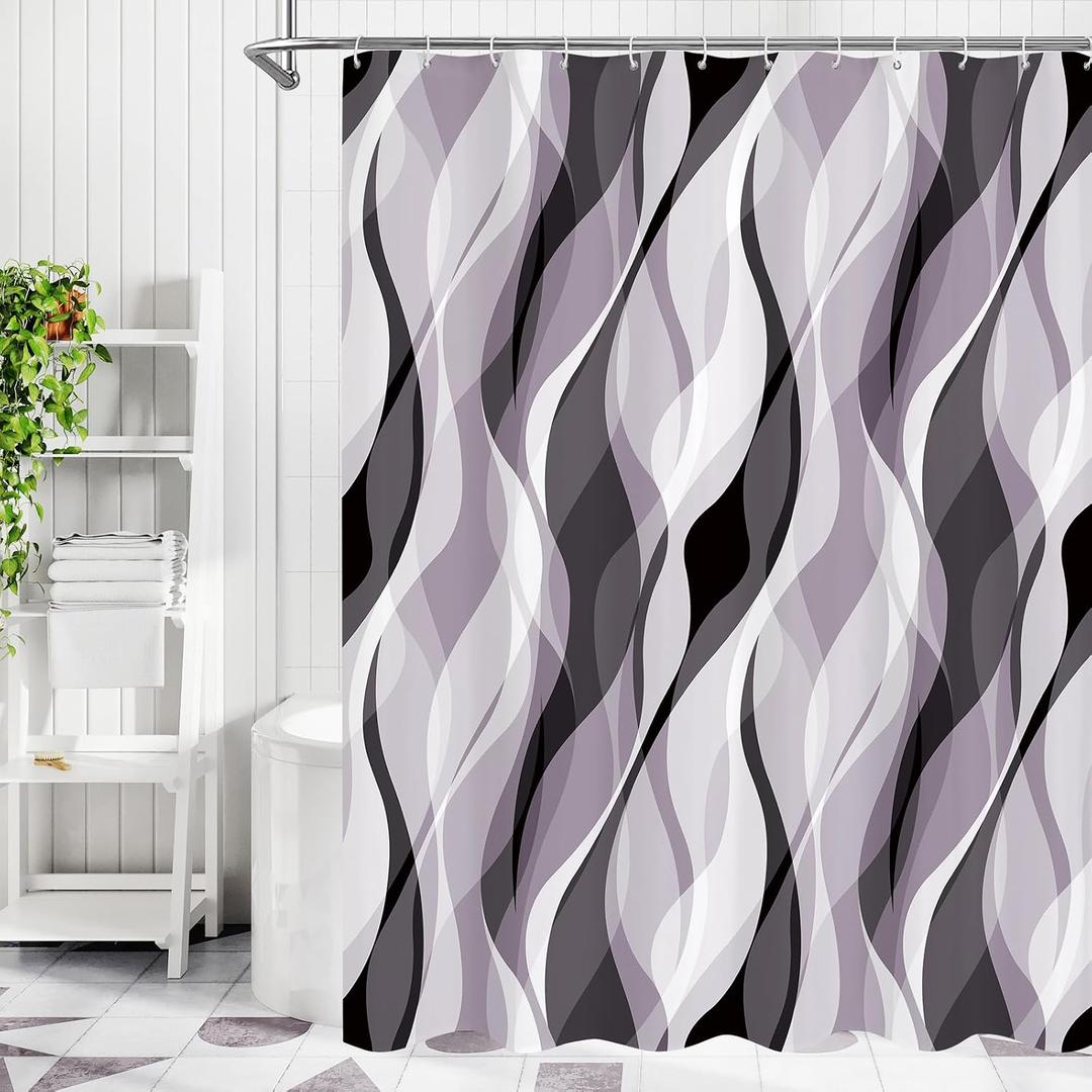 Litabel Lavender Black Wavy Ombre Shower Curtain with Luxury Striped Design, Waterproof Quick-Dry Fabric, Modern Abstract Bathroom Curtain Set with 12 Hooks, 72x72 Inches